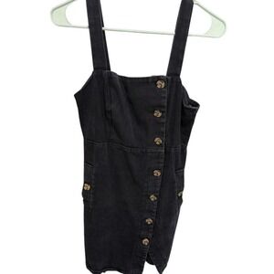 Forever 21 Black Denim Pinafore Dress Button Front Mini Small